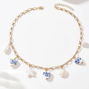 NEW Gold Charm Necklace with Porcelain & Pearl Pendants Luxury